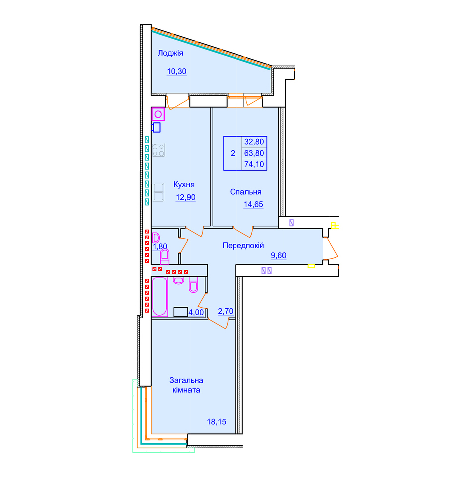 Двухкомнатная квартира 74,1 кв. м. изображение планировки | БМК Атлант