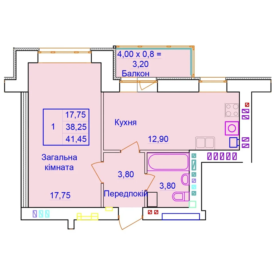 Однокімнатна квартира площею 41,45 кв. м.- зображення планування | БМК Атлант