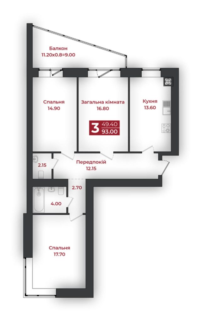 3-кімнатна квартира 93,00 м², секція Д