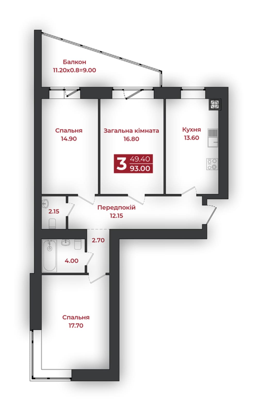 3-кімнатна квартира 93,00 м², секція Д